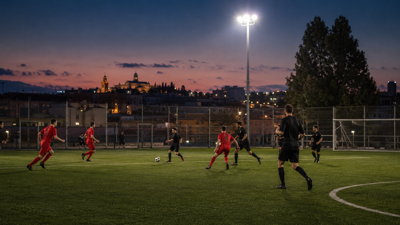 Partido de fútbol 7 al atardecer en Córdoba